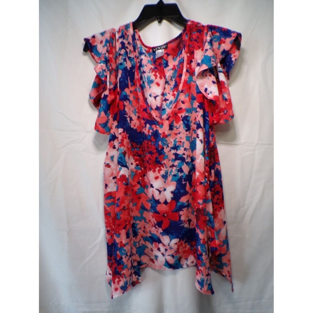 Venus Women's Floral V Neck Flutter Sleeve Tunic Blouse XL Multicolor